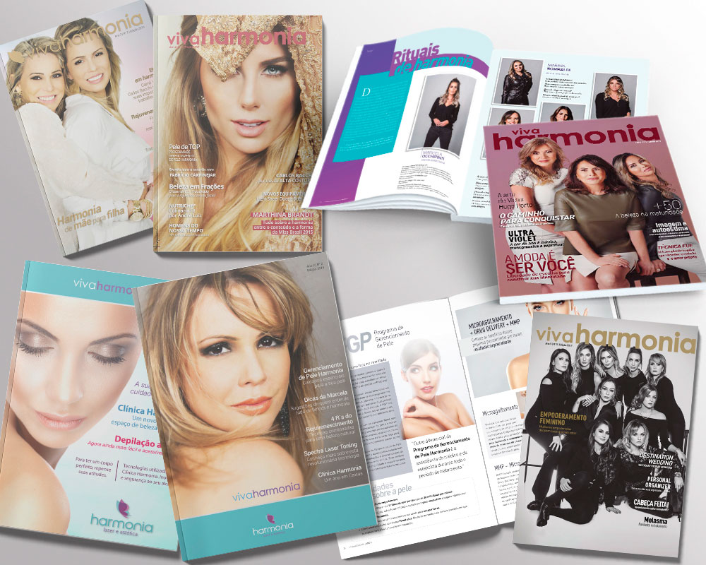 A imagem mostra todas as edições da revista impressa Viva Harmonia.